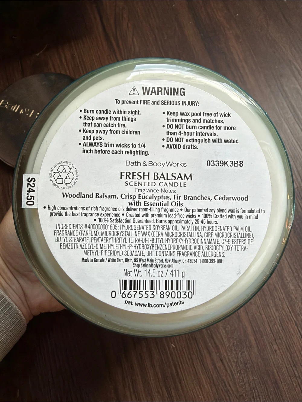 Bath & Body Works Fresh Balsam 3-Wick Candle - Teal with Gold Lid